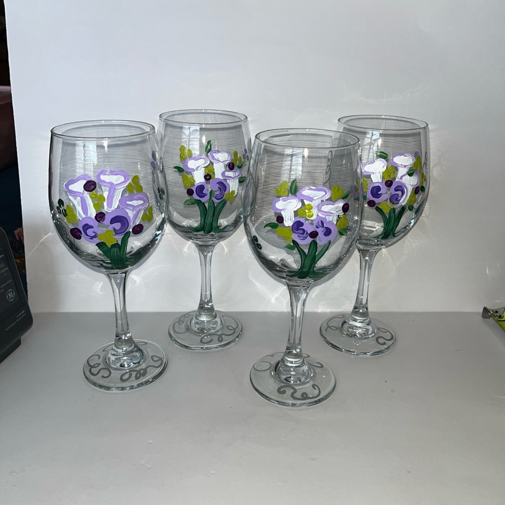 Set of 4 Hand-Painted Floral Wine Glasses